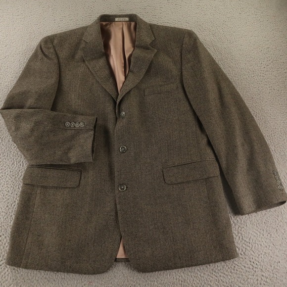 Tweed Jacket L Beige Black Herringbone 100% Wool Blazer Sport Coat 44R